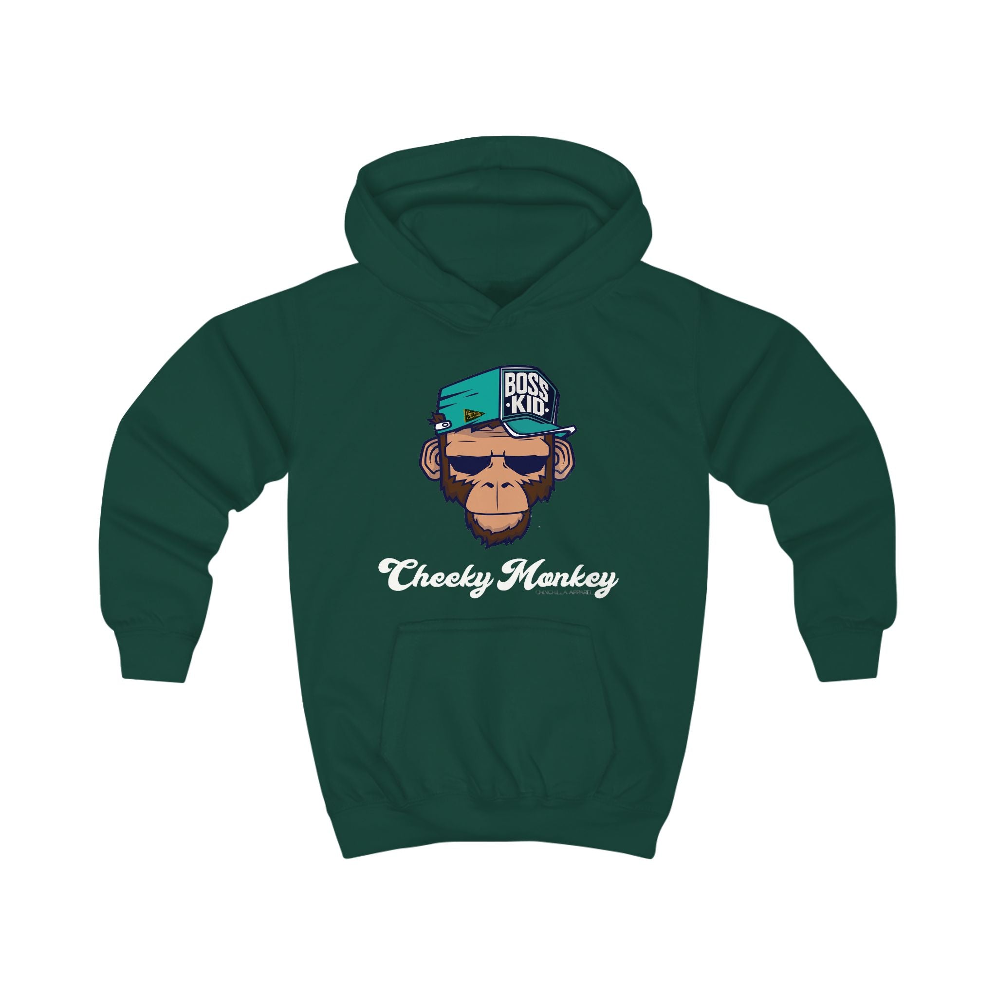 Green hoodie with monkey graphic and text on a white background